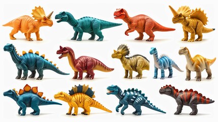 A set of toy dinosaurs, prehistoric element, realistic illustration, various colors, isolated on white background
