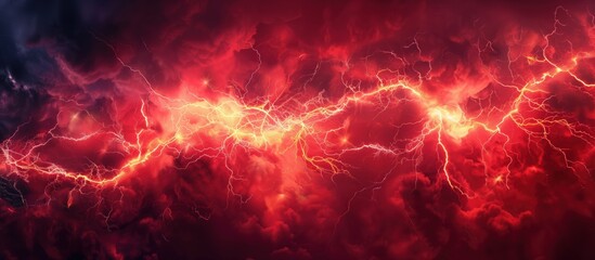 A striking red lightning bolt against a dark stormy background. The intense red lightning contrasts vividly with the dark clouds, creating a dramatic and electrifying visual effect in the night sky.