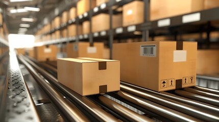 Poster - Package Boxes with Conveyor Belt in warehouse for delivery concept. AI generated