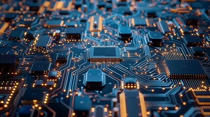 Poster - Circuit Board with Electronic Manufacturing Microchip for futuristic modern PCB Assembly technology concept.