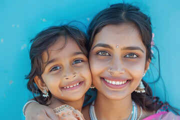 Wall Mural - young indian mother and daughter standing together on blue background