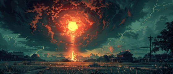 Poster - Apocalyptic Sunset with Lightning and Burning Sky