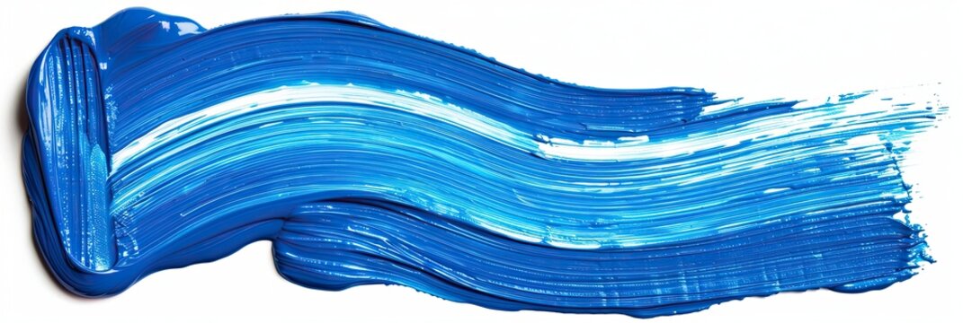 Bright long wavy brush strokes of oil paint in blue tones on a white bGenerated by AI.