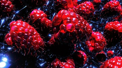 Poster -   Red fruit atop mixed fruit with blue light on black backdrop