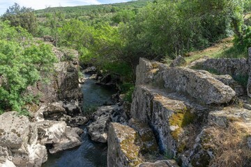 Sticker - A scenic view of a rocky river gorge surrounded by lush green trees and vegetation.