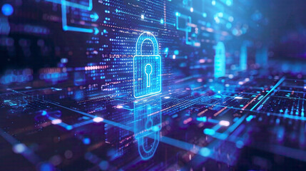 Cyberspace safety and developer programming website design technology secure social world concept with digital lock and blue background detailed code elements 