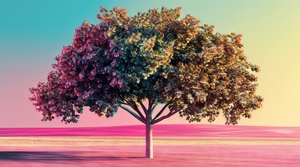 Wall Mural -   A solitary tree stands majestically amidst an expansive green field, its silhouette framed against a stunning gradient of rosy pink above and deep navy blue below