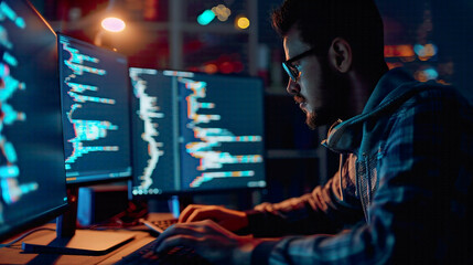 Developer coding under bright light focusing on website design and social world safety cyberspace concept with modern tech elements and blue background 