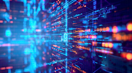 Developer programming and coding technology website design and cyberspace safety social world protection theme blue tech background with code elements and lock icon 