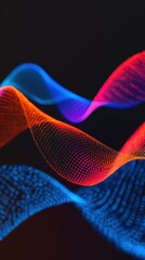 Poster - Vibrant digital wave spreading through network symbolizing information dissemination, front view with copy space, deep depth of field, connected objects.