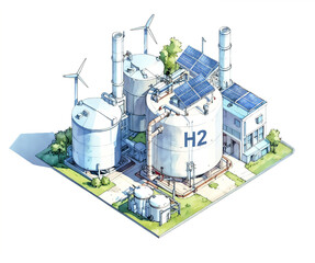 h2 hydrogen energy simple designed concept industry isometric isolated blue architect sketch designed cartoon style on white background