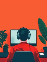 Poster - Online series with high-fidelity sound, flat design front view, ample text space, covering all objects, deep depth of field.