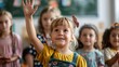 © worapong - 2. A little student girl raising her hand confidently to answer a question during a lively classroom discussion with classmates and a teacher in the background