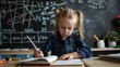 © worapong - 3. A young girl in a school uniform working diligently on a math problem in her notebook with a chalkboard filled with equations behind her