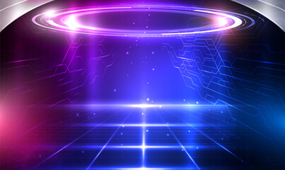 Poster - Sci fi space station corridor with futuristic HUD portal, holograms teleport. Sci-fi digital hi-tech stage. Cyberpunk blue and pink color neon space technology. Technology innovation.Tech Vector EPS10