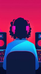 Poster - Flat design soundboard interface editing, front view person with copy space, covering all objects, deep depth of field.