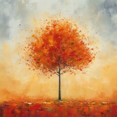 Poster - Abstract painting of a vibrant tree with orange and red leaves, set against a neutral background with shades of gray and beige. Wall Art, Media Decor, Commercial Use, 300 dpi