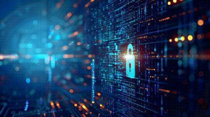 Secure website design and programming technology developer coding for social world safety cyberspace protection with lock icon and blue tech background 