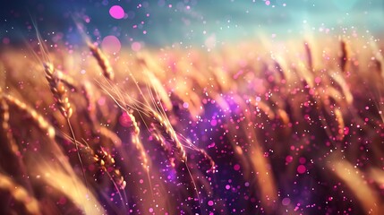Wall Mural - Magical Wheat Field With Glittering Particles at Sunset