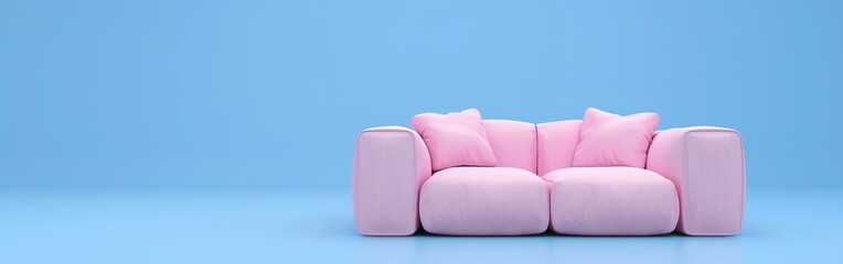 Poster - A pink sofa with two pillows sits against a light blue wall