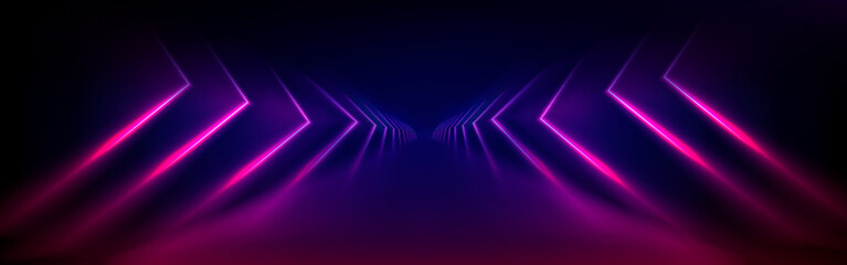 Wall Mural - Neon light tunnel perspective. Vector realistic illustration of dark hall with triangular shape geometric lamps, purple and pink color illumination glowing in dark corridor, futuristic virtual portal