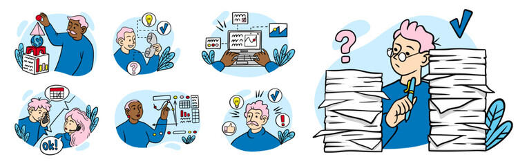 Aufkleber - Business scenes. Office people communication. Outline characters. Business communication. Manager speak scene. Paperwork and project planning. Company management. Vector cartoon set