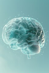 Poster - A close-up image of a mint green brain floating on a blue background with tiny white bubbles