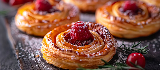 Danish pastry is a sweet, flaky pastry made with laminated dough similar to croissant dough, filled with various sweet fillings such as fruit, cream cheese, or almond paste