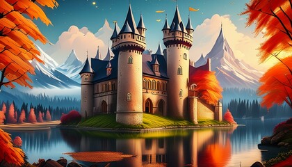 Wall Mural - panorama of the town of kotor, landscape with castle wallpaper landscape with castle, 3d illustration fairy tale castle building