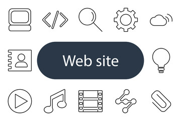 Website set icon. Monitor, code, search, gear, cloud, profile, play, music, film, share, lightbulb, document, web, network, digital, multimedia.