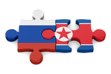 Relationship between Russia and North Korea on white background. Isolated 3D illustration