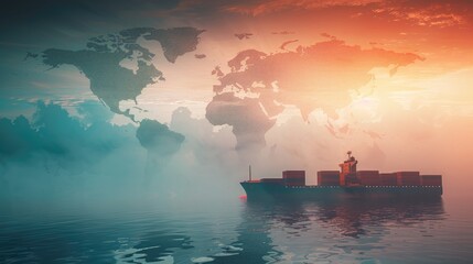 Poster - Container ship on a world map, illustrating global trade routes and transportation, with clear copy space for messages.
