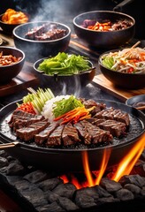 Sticker - sizzling beef bulgogi cooking hot stone korean bbq cuisine concept, grill, barbecue, meat, marinated, grilling, delicious, food, asian, traditional, sizzle