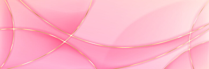 Poster - 3d pink gold ribbon for cosmetic luxury banner background. Elegant beauty curve with golden line decoration on minimal backdrop template for wedding celebration. Romance Valentine sweet gradient