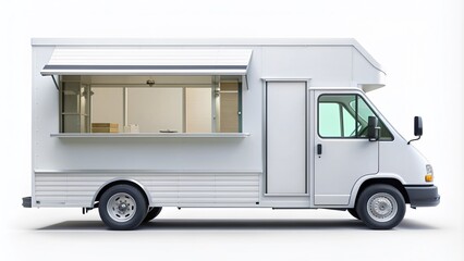 White food truck mockup isolated on a clean white background, side view, with empty serving window, blank signage, and sleek metallic accents.