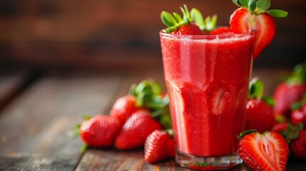 Aufkleber - Freshly blended strawberry juice in a glass with whole strawberries around.