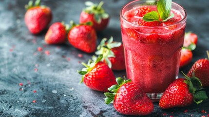 Aufkleber - Freshly blended strawberry juice in a glass with whole strawberries around.