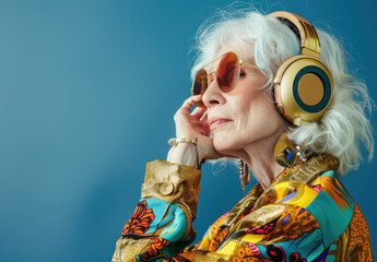 Poster - A fashion photoshoot of an American woman with shoulder length white hair, wearing gold glasses and colorful listening to headphones in front of blue background