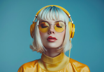 Wall Mural - A fashion photoshoot of an American woman with shoulder length white hair, wearing gold glasses and colorful listening to headphones in front of blue background