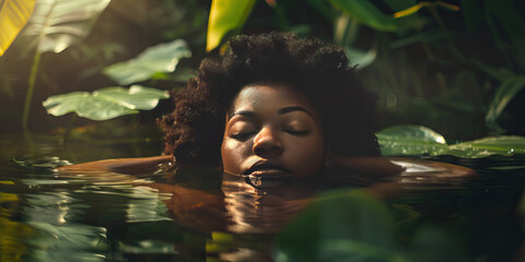 A beautiful exotic black african american girl emerging from pound water with plants and beautiful light showing the details of the beauty face