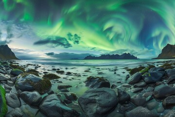 Wall Mural - Beautiful northern lights over the beach in Lofoten, Norway with rocks and sea under a dramatic sky. Wide angle lens provided a panoramic view