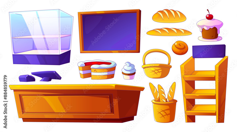Bakery interior furniture and products. Cartoon vector illustration set ...