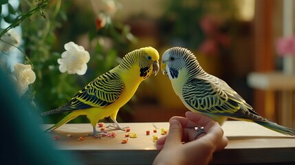 Love birds and budgerigars are being hand fed at the aviary .