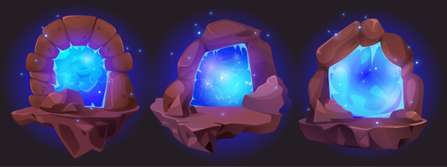 Wall Mural - magic portal with stone doorway and blue glow vortex. cartoon vector illustration set of fantasy gam