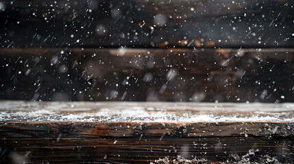 Wall Mural - A wooden table covered in snow. The snow is falling from the sky and covering the table