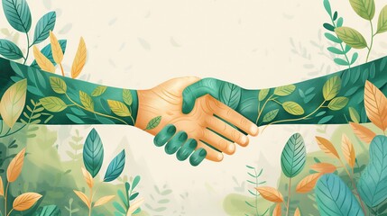 Poster - A detailed flat style illustration of a handshake with hands made entirely of green leaves, the leaves forming natural shapes, set against a soft pastel-colored forest scene.
