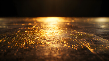 A dark wooden floor with a gold shine. The floor is wet and has a lot of gold specks on it