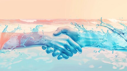 Aufkleber - A detailed flat style illustration of a handshake with hands made entirely of water splashes, the water droplets forming natural shapes, set against a soft pastel-colored ocean