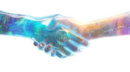 Poster - A detailed holographic handshake, with two hands composed of translucent, pixelated light. The holographic texture features a blend of blue, green, and purple hues, with faint