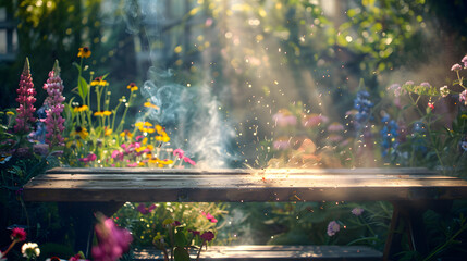 Wall Mural - A bench in a garden with smoke coming out of it